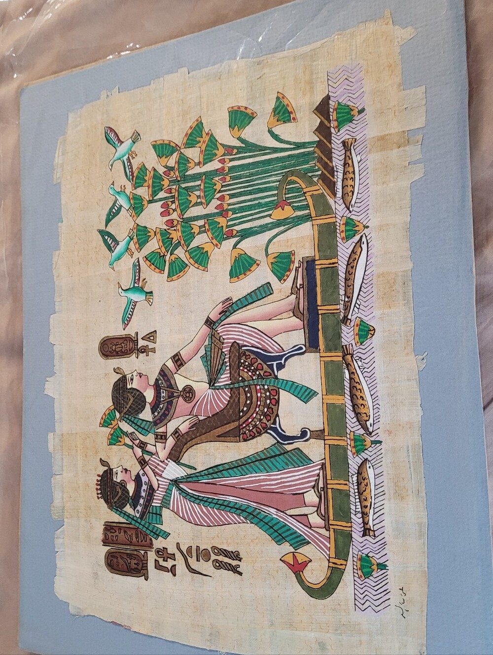 Egyptian Papyrus Wall Art Print in Green, Pink and Gold